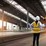 Engineers technician team checkup and analyzing an unfinished on railway station construction project with software and blueprint, Design and plan construction, Teamwork.